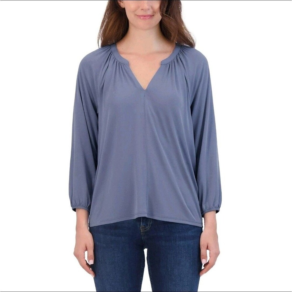 Lucky Brand Women's Notch V-Neck Sandwash Top, Delft, S  NWT E2
